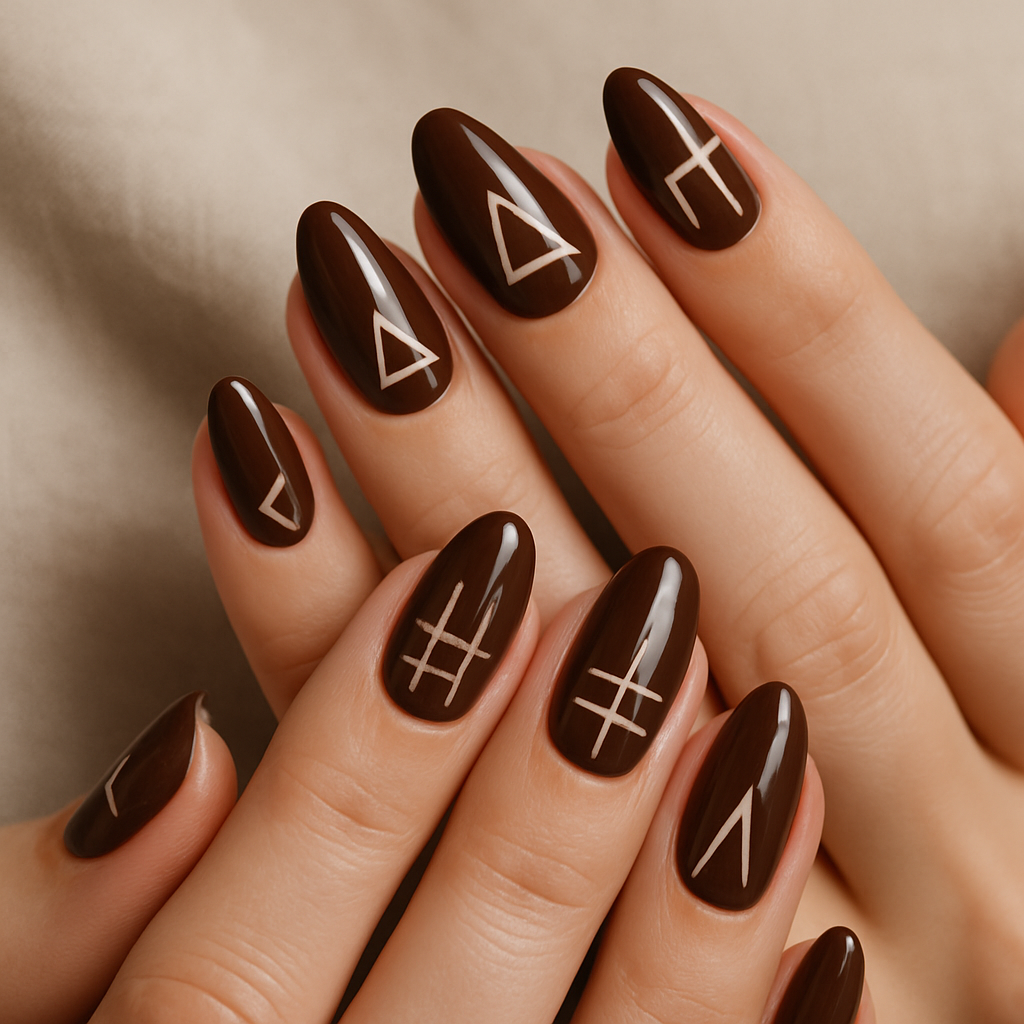 Chocolate glazed donut nails with geometric patterns on realistic human hands