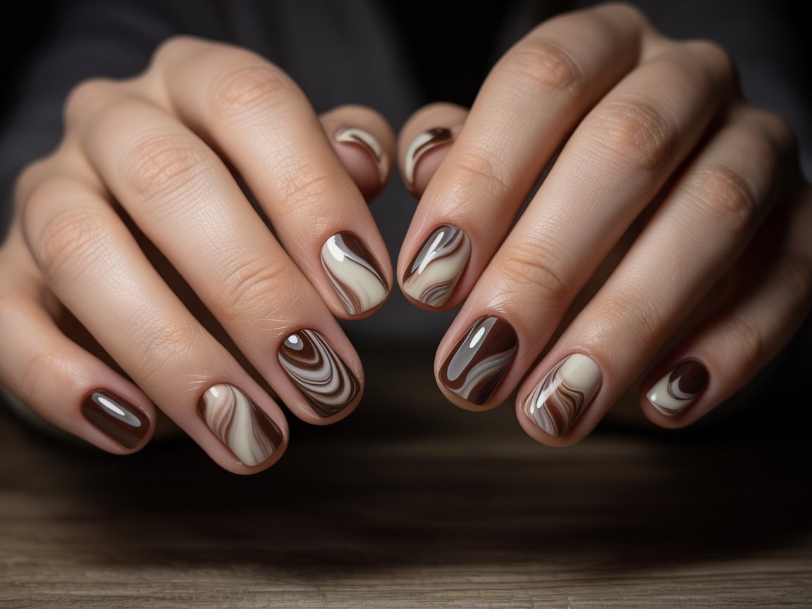 Nail design featuring marble chocolate and vanilla swirl patterns on realistic human hands.