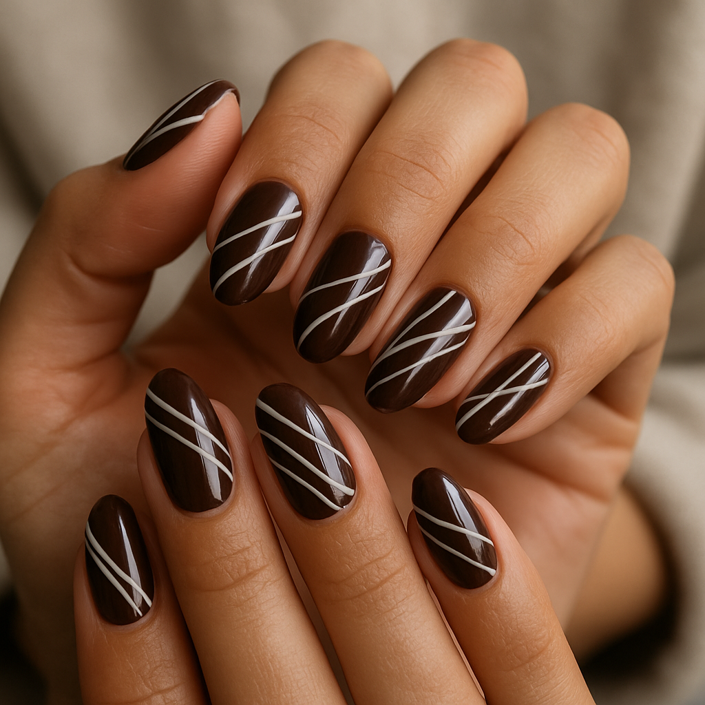 Nails painted in dark chocolate color with white drizzle design on realistic human hands.