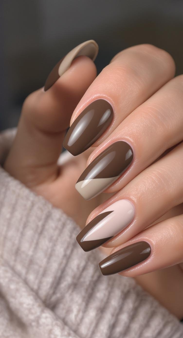 Nail design featuring chocolate glazed and matte contrast colors on realistic human hands.