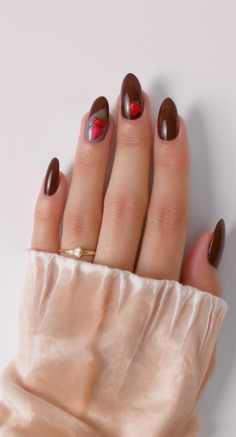 Nail design featuring chocolate glazed nails with berry art on realistic human hands.