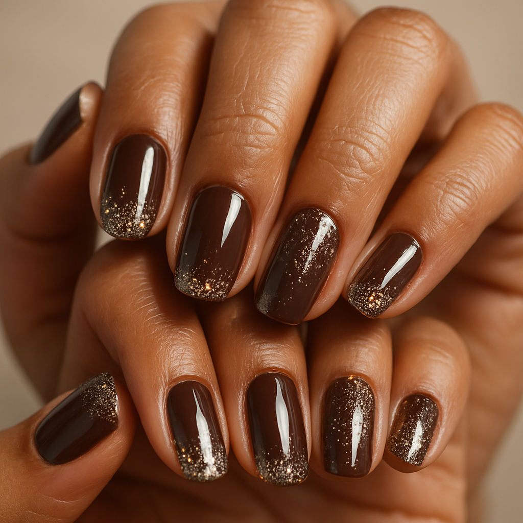Close-up of chocolate glazed donut nails with glitter accents on realistic human hands.