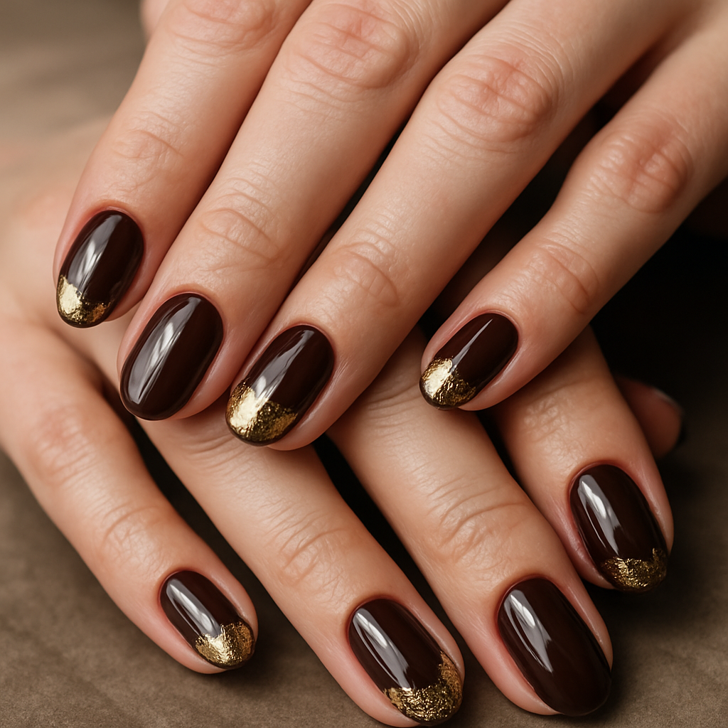 Close-up of chocolate glazed nails with gold foil accents on realistic human hands.