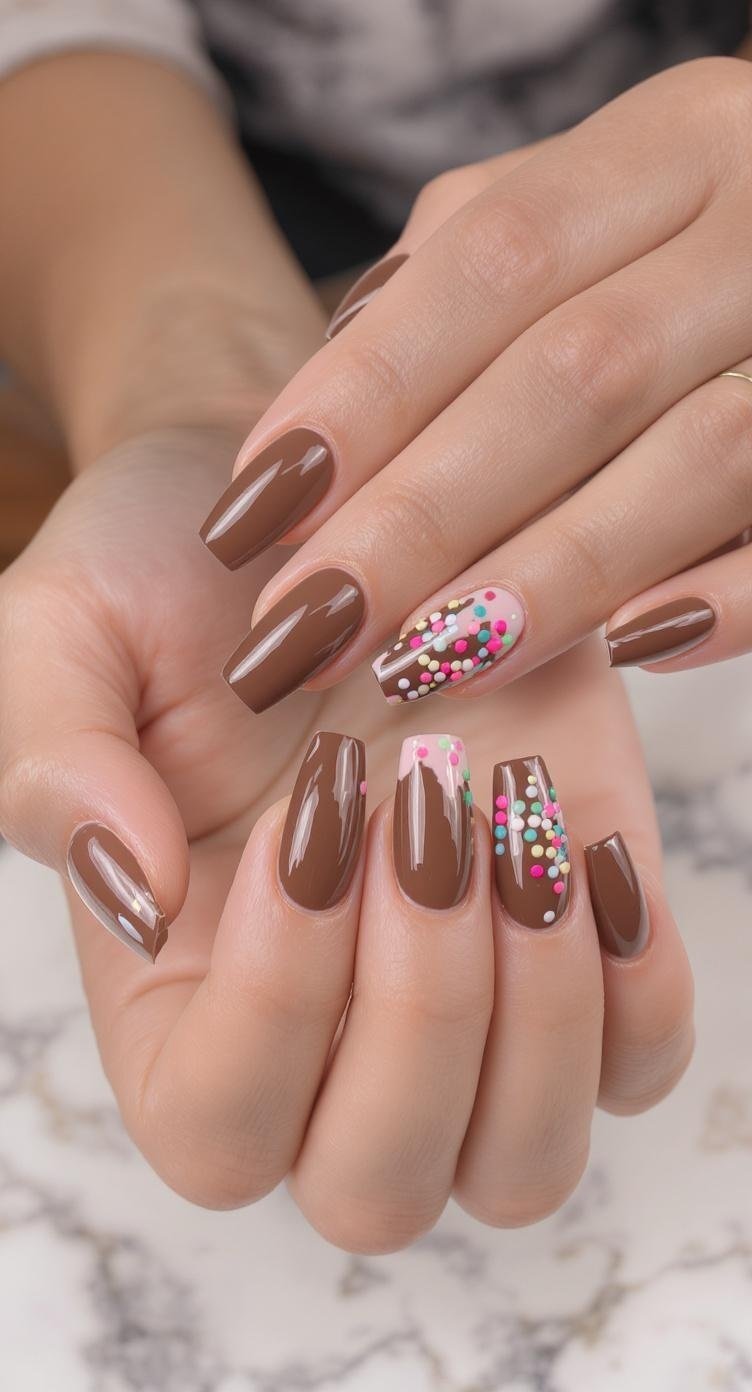 Nails designed to look like chocolate glazed donuts with colorful sprinkles on realistic human hands.
