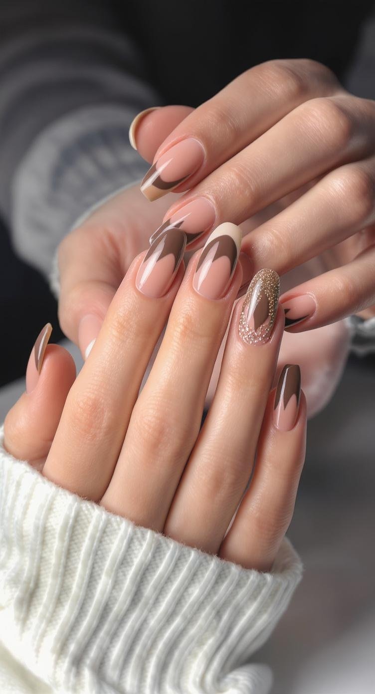 Chocolate glazed French tip nail design on realistic human hands