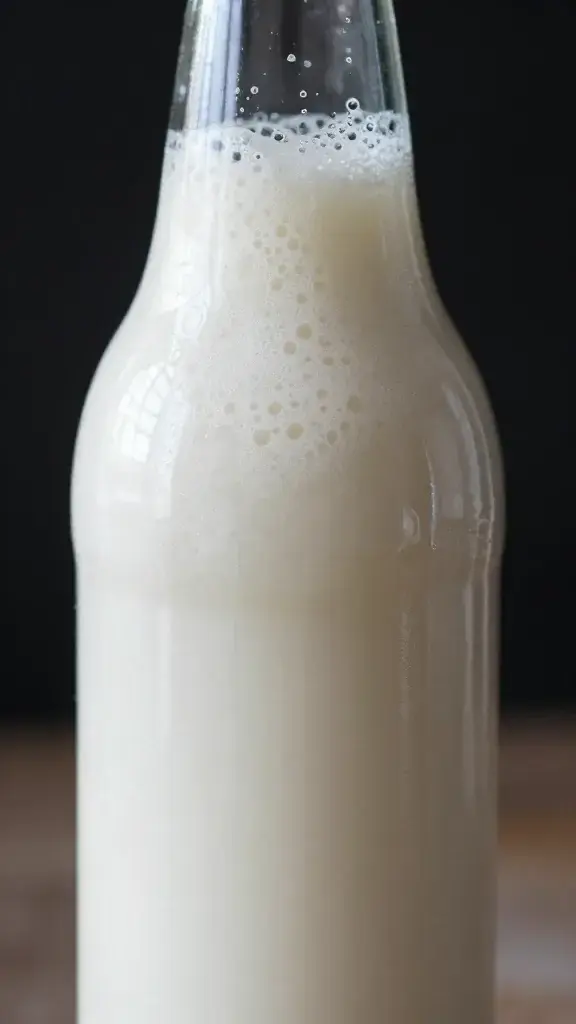 closeup of a single kefir bottle with foam