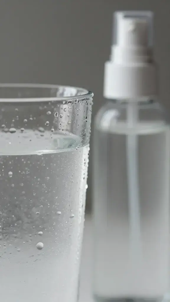 Closeup of a glass of water beading with a dewy facial mist bottle beside it