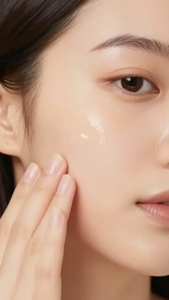 Closeup of a person applying serum to cheek, spring light on skin