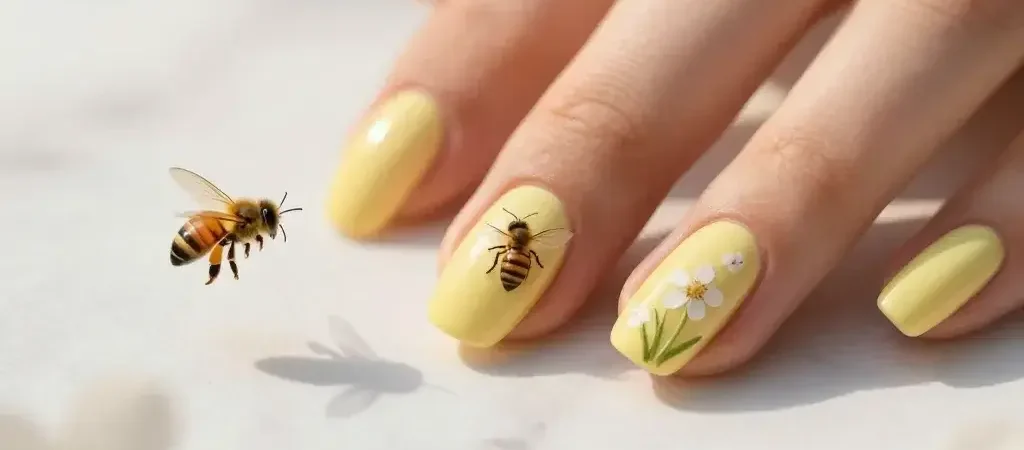 Pale Yellow Nails with Honeybee and Wildflower Details: Spring Chic
