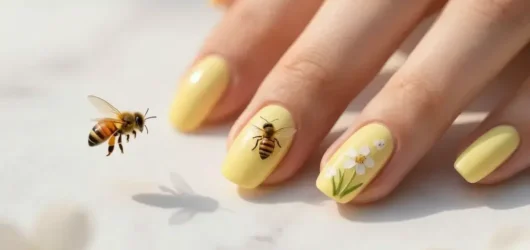 Pale Yellow Nails with Honeybee and Wildflower Details: Spring Chic