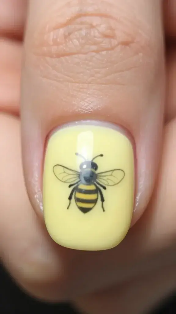 closeup of pale yellow nail with bee tattoo detail on nail bed