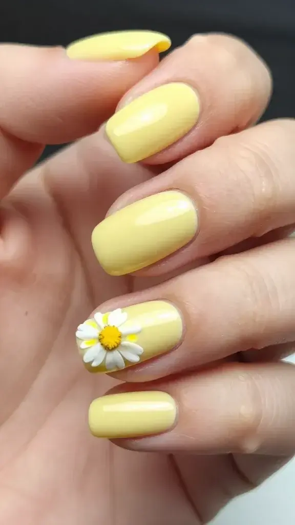 closeup of pale yellow manicure with wildflower accent on tip