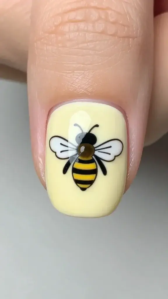 closeup of single nail displaying honeybee wing motif on cream-yellow base