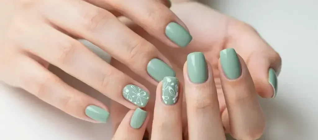 Soft Sage Green Nails with White Floral Line Art: Serene Chic