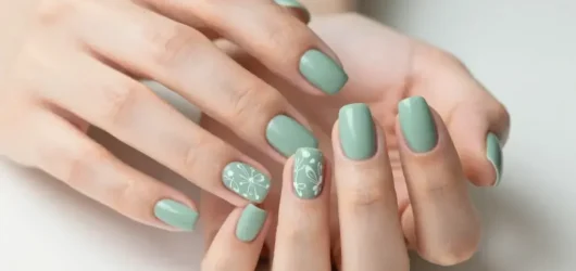 Soft Sage Green Nails with White Floral Line Art: Serene Chic
