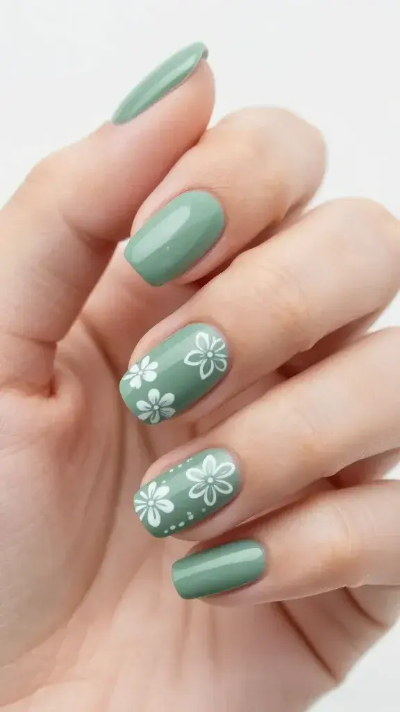 Closeup of a single hand displaying sage green nails with white floral line art