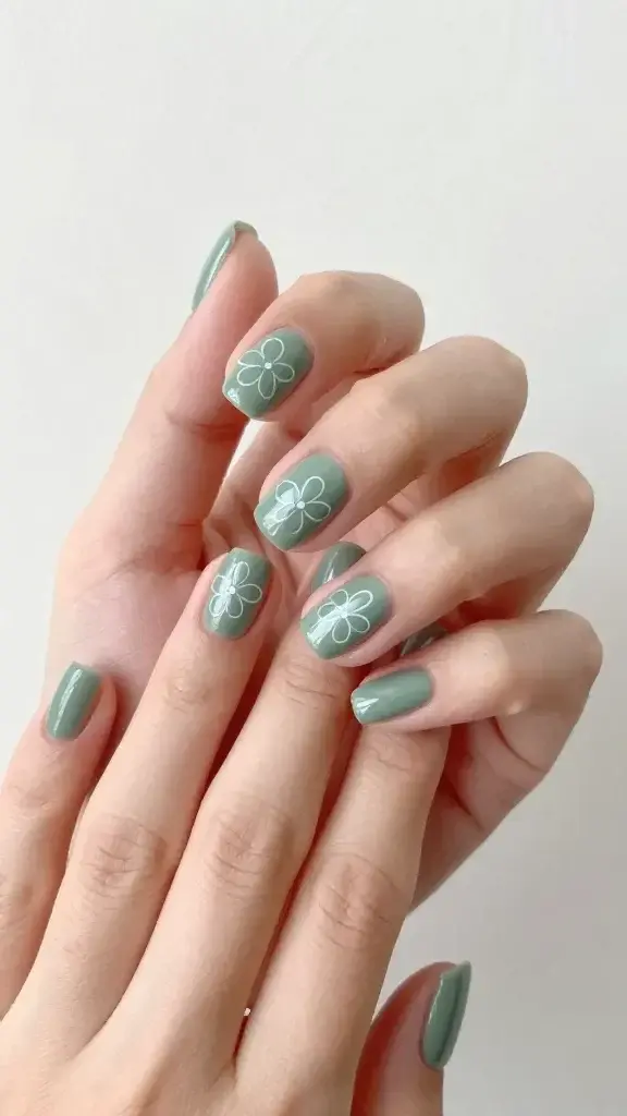 Closeup of a single manicured hand on a plain backdrop, sage green nails with white outline flowers
