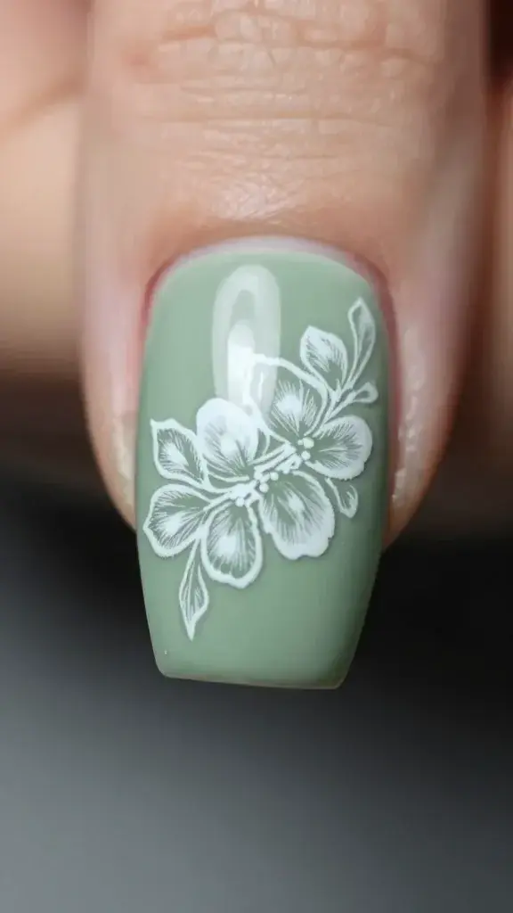 Macro shot of one index nail featuring delicate white floral line art on sage green glaze